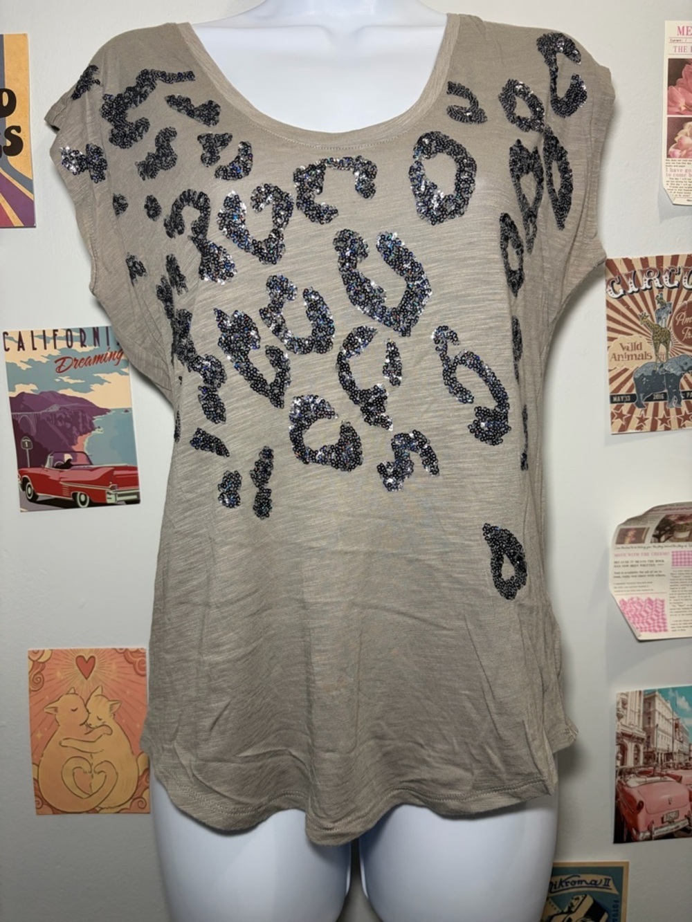 Express Taupe Short Sleeve Scoop Neck Top with Black Sequin Leopard Print